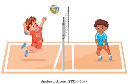 Niños de caricatura jugando voleibol en el campo. Ilustración del vector