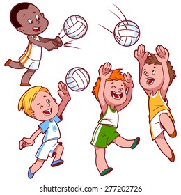 Cartoon kids playing volleyball. Vector clip art illustration on a white background.