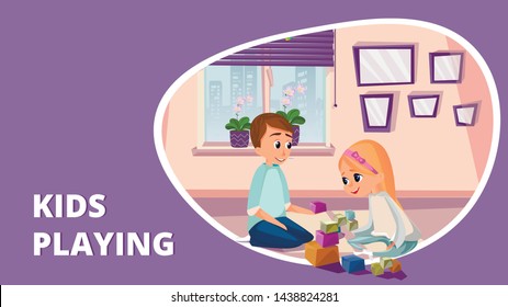 Cartoon Kids Playing Wooden Building Blocks Vector Illustration. Boy and Girl Sit on Floor. Family Brother and Sister Relationship. Playroom Nursery Interior Window. Friend Play Cube Game