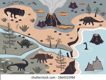 Cartoon Kids Playmat With Dinosaur, Palm, And Volcano Mountains. Vector Illustration, Floor Carpet Or Wall Poster. Dino Background For The Children Room.