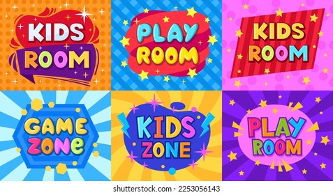 Cartoon kids playroom stickers. Children game zone, kids entertainment party club and game room posters flat vector illustration set