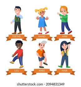 Cartoon kids pointing at body parts vector illustrations set. Comic boys and girls pointing at teeth, hands, arm, leg, knee and hair isolated on white background. Anatomy, education concept