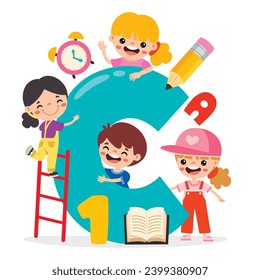 Cartoon Kids Posing With Alphabet Letter