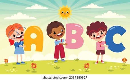 Cartoon Kids Posing With Alphabet Letter