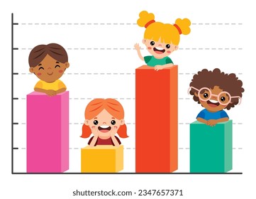 Cartoon Kids Posing On Bar Graph