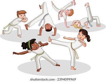 Cartoon kids practicing capoeira movements. Capoeira dancers.

