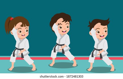 Cartoon Kids Practicing Martial Arts