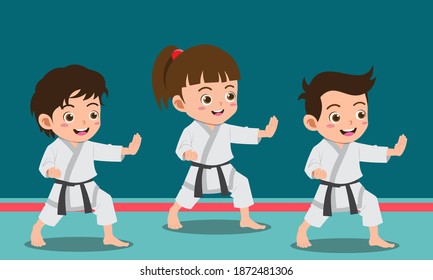 Cartoon Kids Practicing Martial Arts