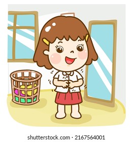 Cartoon kids put on shirt.