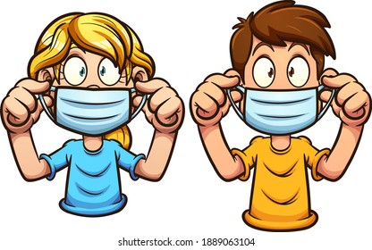 Cartoon kids putting on face masks. Vector clip art illustration with simple gradients. Each on a separate layer.
