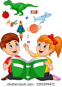 Cartoon kids reading book education concept with apple, dinosaur, planet Saturn, space shuttle and airplane