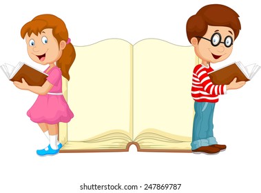 Cartoon kids reading book with giant book background