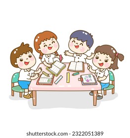Cartoon kids reading the books .