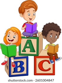 Cartoon kids reading and sitting on alphabet blocks