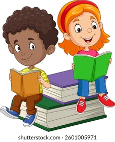 Cartoon kids reading and sitting on a stacked books