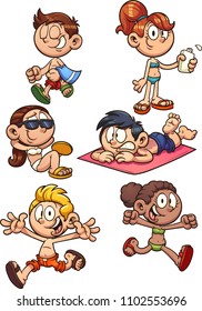 Cartoon kids ready for summer. Vector clip art illustration with simple gradients. Each on a separate layer. 
