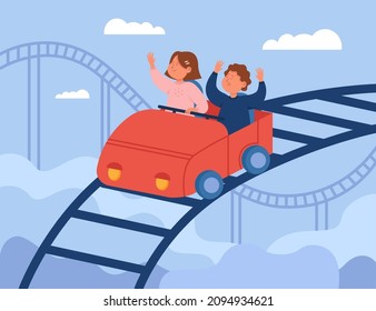 Niños de dibujos animados montando una montaña rusa en un parque de atracciones. Niño asustado y niña feliz en la ilustración vectorial plana del coche de montaña rusa. Entretenimiento, concepto de ocio para banner o página web de aterrizaje