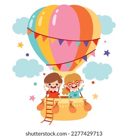 Cartoon Kids Riding A Hot Air Balloon