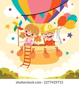 Cartoon Kids Riding A Hot Air Balloon