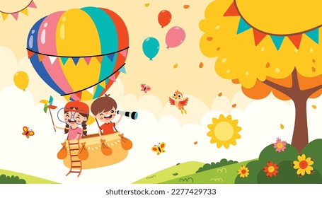 Cartoon Kids Riding A Hot Air Balloon
