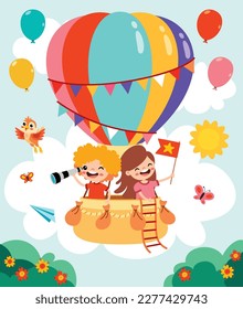 Cartoon Kids Riding A Hot Air Balloon