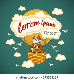 Cartoon kids riding a hot air balloon. Vector clip art illustration with simple gradients. All in a single layer.