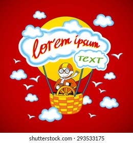 Cartoon kids riding a hot air balloon. Vector clip art illustration with simple gradients. All in a single layer.