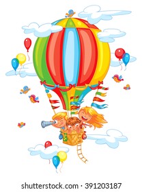 Cartoon kids riding hot air balloon. Funny cartoon character. Vector illustration. Isolated on white background