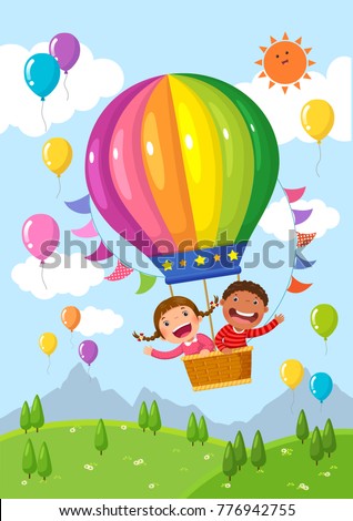 Cartoon kids riding a hot air balloon over the field