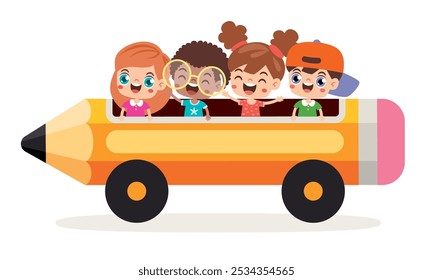 Cartoon Kids Riding Pencil Car