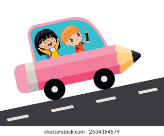 Cartoon Kids Riding Pencil Car