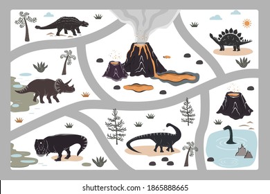 Cartoon kids road playmat with dinosaur, palm, and volcano mountains. Vector illustration, floor carpet or wall poster. Dino background for the children room.