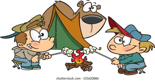 Cartoon kids roasting marshmallows while a bear hides behind the tent
