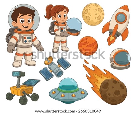 Cartoon kids, rocket, and space elements ready for an outer space adventure