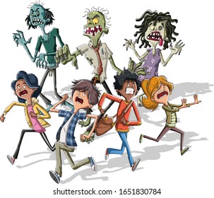 Cartoon Kids Running From Zombies. Zombie Crowd Chasing Teenagers.