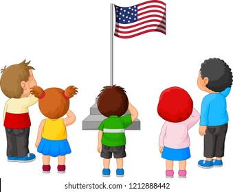 Cartoon Kids saluting the American Flag 