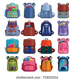 Cartoon kids school bags backpack Back to School rucksack vector set illustration isolated on white