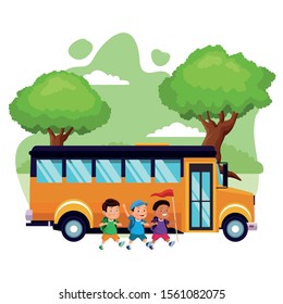 cartoon kids and school bus over white background, colorful design , vector illustration