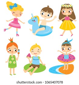 Cartoon kids set. Children having summer holidays fun and outdoor activity. Boys and girls enjoy seasonal vacation