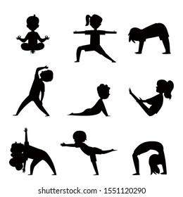 Cartoon Kids Silhouette Set In Various Yoga Poses - Child Exercise And Fitness Collection. Children Stretching And Meditating, Isolated Outline Vector Illustration On White Background