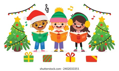 Cartoon Kids Singing At Christmas