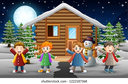 Cartoon kids singing in front of the snowing house