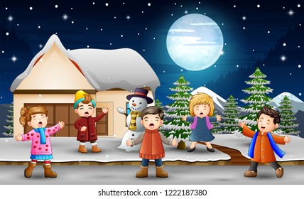 Cartoon kids singing in front of the snowing house