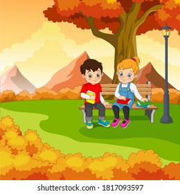 Cartoon kids sitting on bench with a books under a tree in autumn park