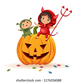 Cartoon kids sitting on Halloween pumpkin poster. Happy children in Hallows mystery costumes of shrek and devil having funny time. Family horror party concept. svg