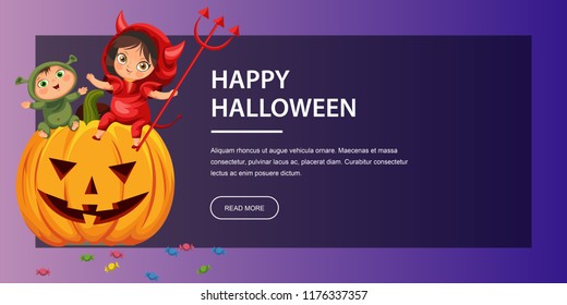 Cartoon kids sitting on Halloween pumpkin poster. Happy children in Hallows mystery costumes of shrek and devil having funny time. Family horror party concept. svg