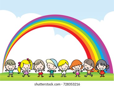 cartoon kids with sky and rainbow