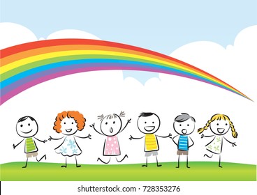 cartoon kids with sky and rainbow