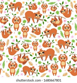 Cartoon kids cartoon sloths seamless pattern. Cute children design template. Rainforest characters. Bright amazon animals for textile, wrapping paper, greeting cards or posters for kindergarten