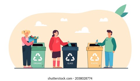 Cartoon kids sorting trash flat vector illustration. Little boy and girls throwing glass, plastic and organic waste into special dustbins. Environmental protection, recycle, garbage, ecology concept